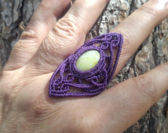 Macrame Gemstone Ring, Macrame Jade Ring, Natural Stone Ring, Yellow Jade, Healing Crystals, Crystal Ring, Purple Ring, Yellow Gemstone