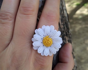 Macrame Daisy Ring, Open Adjustable Ring, Colourful Floral Ring, Hippie Jewelry, Boho Jewelry, Waterproof Rings, Statement Jewelry