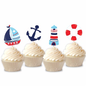 Nautical Cupcake Toppers, Set of 12, Anchor, Sailboat, Sea Party, Birthday, Baby Shower Theme Decors