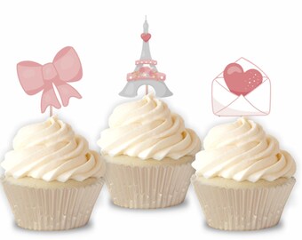Paris Theme Cupcake Toppers, Set de 12