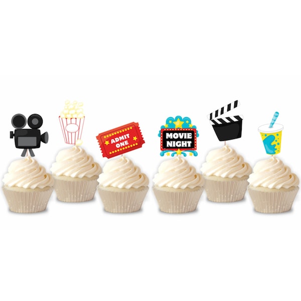 Movie Night Cupcake Toppers, Set of 12, Birthday Party Theme