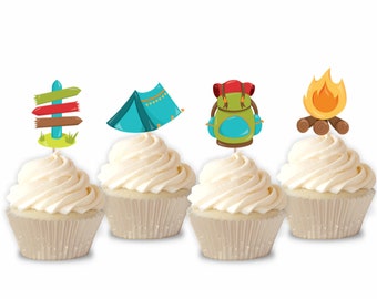 May include: Four cupcakes with camping-themed toppers. The toppers are a signpost, a tent, a backpack, and a campfire.