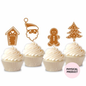 Christmas Gingerbread Cupcake Toppers, Set of 12, Snowman, Gingerbread house, Santa Christmas Tree
