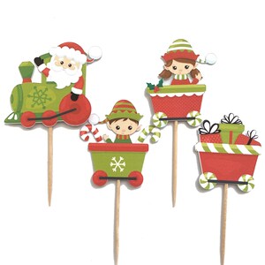 Christmas Party Train Cupcake Toppers, Set of 12, Christmas Train, Santa Claus, Christmas Elves, Christmas Gifts