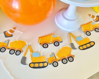 Construction Trucks Garland Banner, Excavator, Cement Mixer, Dump Truck, Birthday Theme for Boys