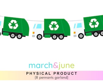 May include: A garland of eight green recycling trucks with white cabs and a recycle symbol on the side. The garland is strung together with white string. The text "march&june" and "PHYSICAL PRODUCT (8 pennants garland)" is printed below the garland.