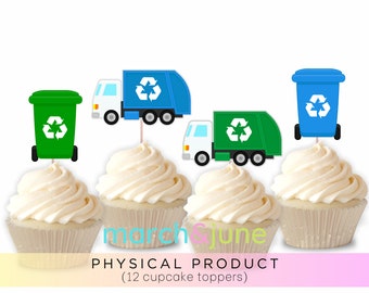 Garbage Truck Cupcake Toppers, Set of 12, Birthday Party Theme for Boys Trash Recycle Recyclable