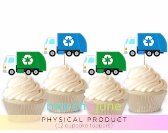 Garbage Truck Cupcake Toppers, Set of 12, Birthday Party Theme for Boys Trash Recycle Recyclable