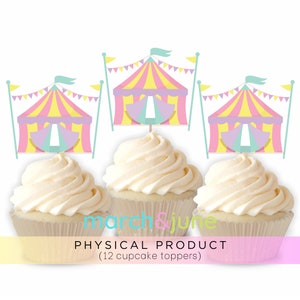 Rosa Zirkus-Mädchen Cupcake Toppers, 12er-Set, Geburtstagsfeier Thema, Merry Go Round, größte Show der Welt, Pastell Karneval