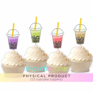 Boba Bubble Tea Cupcake Toppers, Set of 12, Birthday Party Theme
