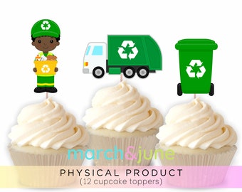 Garbage Truck Cupcake Toppers, Set of 12, Birthday Party Theme for Boys Trash Recycle Recyclable
