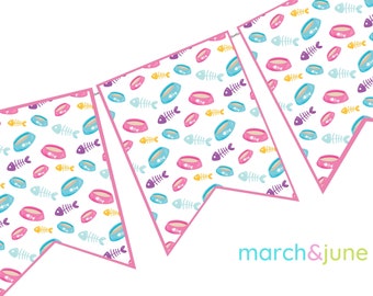 Digital Download Cat Banner, Garland, Kitten Birthday Party Theme, Meow, Paw, Fur Party Decor Supply