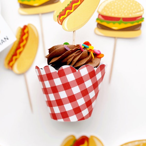 Cupcake Wrappers, Set of 12, Backyard BBQ Birthday Party Theme, Grill, Hotdog, Burger