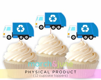 Garbage Truck Cupcake Toppers, Set of 12, Birthday Party Theme for Boys Trash Recycle Recyclable