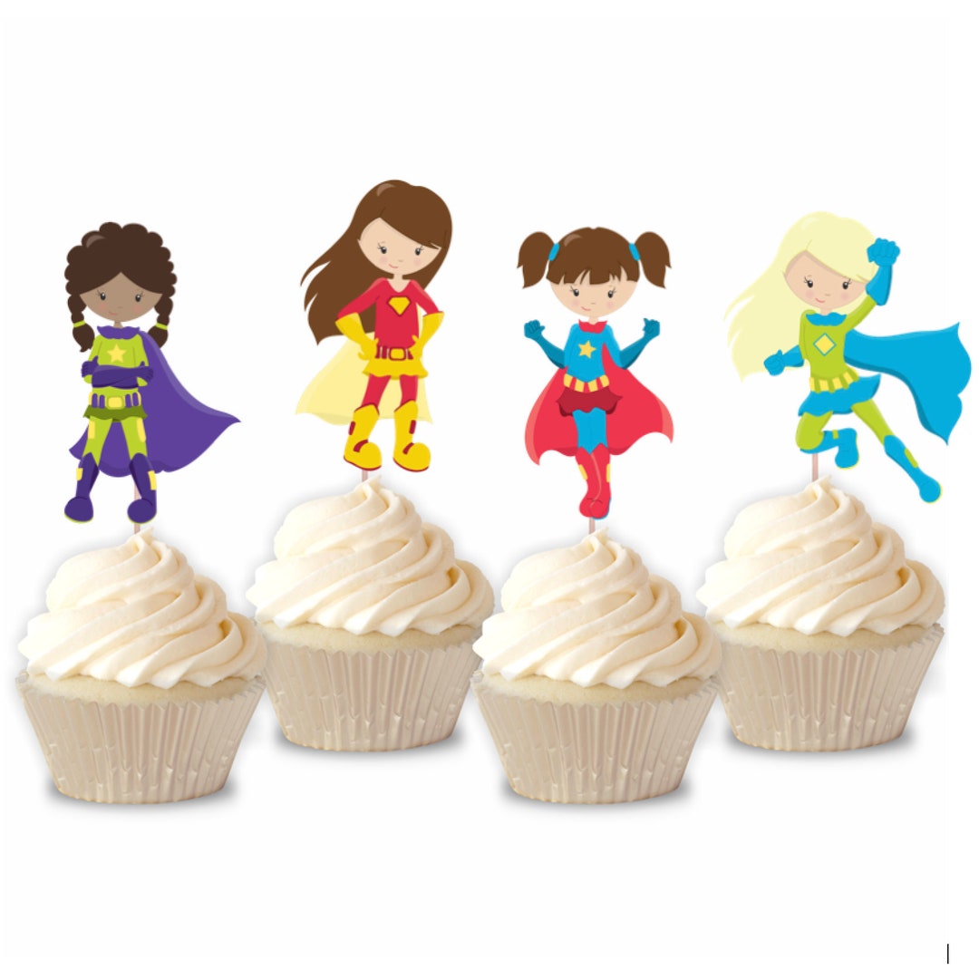 Girl Superhero Cupcake Toppers Set of 12 Superhero Birthday Etsy