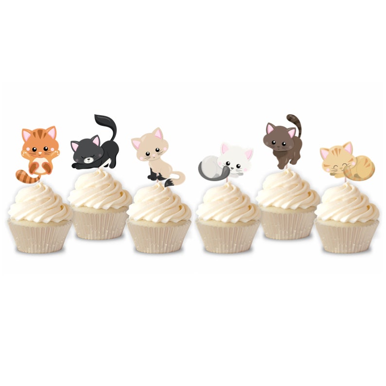 Cats Cupcake Toppers Set of 12 Kitten Themed Birthday Pets Etsy
