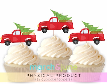 Weihnachten Vintage LKW Cupcake Toppers, 12er-Set, Weihnachtsfeier Thema Dekor Weihnachtsbaum Roter LKW