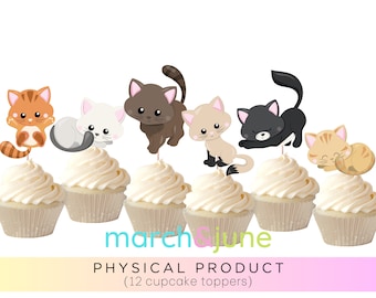 Gatos Cupcake Toppers, Set de 12, Cumpleaños Temático de Gatito, Fiesta de Mascotas
