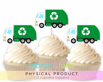 Garbage Truck Cupcake Toppers, Set of 12, Birthday Party Theme for Boys Trash Recycle Recyclable