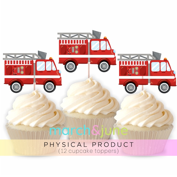 Topper per cupcake con camion dei pompieri, set da 12, tema festa di compleanno, sirena dei pompieri, camion dei pompieri