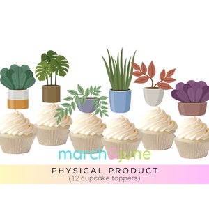 May include: Twelve cupcake toppers featuring various potted plants. The toppers are made of cardstock and have a white background. The plants are in various colors, including green, purple, and brown. The toppers are perfect for a houseplant-themed party.