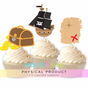 Piratas Cupcake Toppers, Conjunto de 12, Tema de fiesta de cumpleaños, Búsqueda del tesoro, Mapa pirata, Cofre del tesoro, Barco pirata, Ahoy