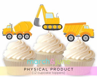 Construction Trucks Cupcake Topper, Set of 12, Birthday Theme for Boys