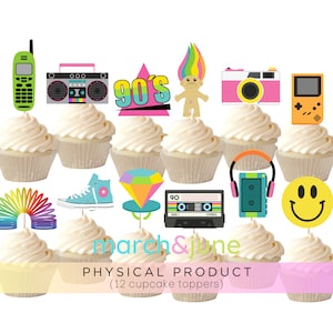 90s Party Cupcake Toppers, Set of 12, Birthday Party Theme Decorations Nostalgia Retro Neon 1990s Reunion