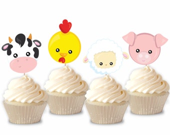 Bauernhof Cupcake Toppers, 12er Set, Bauernhof Geburtstagsparty, Kuh, Huhn, Schaf, Schwein