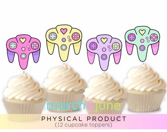 Girl Video Gamer Cupcake Toppers, Set of 12, Pink Birthday Party Theme, Pink Game Console, Online Gamer Party Decor