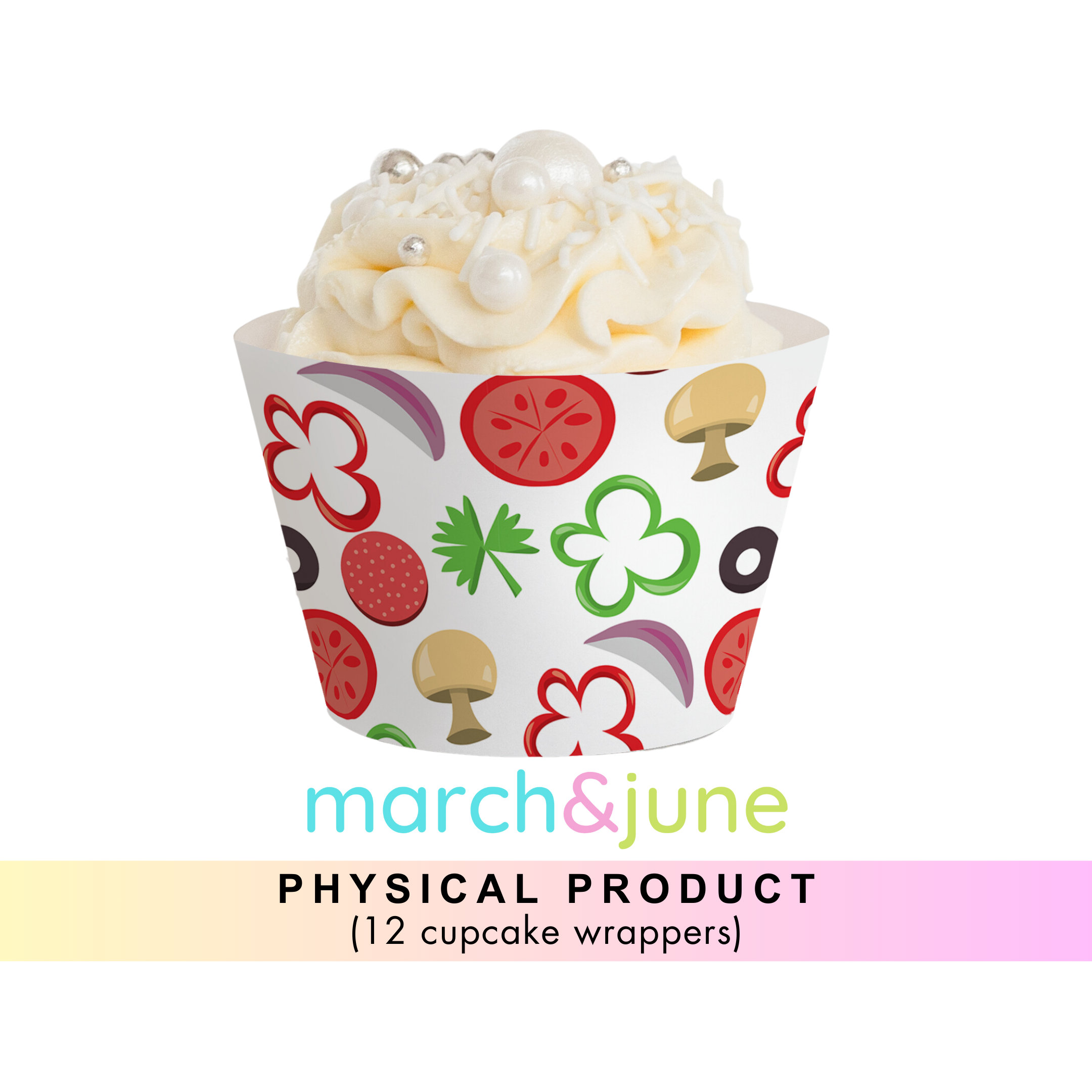 Pizza Party Cupcake Wrappers, Set of 12, Slice, Italian, Pepperoni, Toppings
