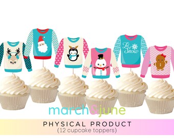 May include: Twelve cupcake toppers featuring different Christmas sweater designs. The sweaters are decorated with reindeer, Santa Claus, penguins, snowmen, and gingerbread people. The toppers are printed on cardstock and attached to wooden sticks.
