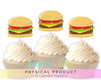 Burger Cupcake Toppers, Set of 12, BBQ Party, Food Theme Celebration, Barbeque Party Decor Supplies Grill