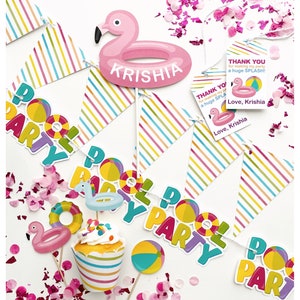 Party Decor Set for Summer, Pool, Beach, Splash Birthday Theme - Cake Topper, Cupcake Toppers and Wrappers, Garland, Banner, Thank you tags