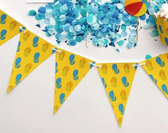 May include: A yellow and blue party banner with a flip-flop pattern. The banner is strung together with white string and has triangular flags.
