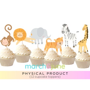 Safari Cupcake Toppers, Set of 12, Birthday, Baby Shower Lion Tiger Monkey Elephant Giraffe Zebra Zoo Jungle Animal Party Theme