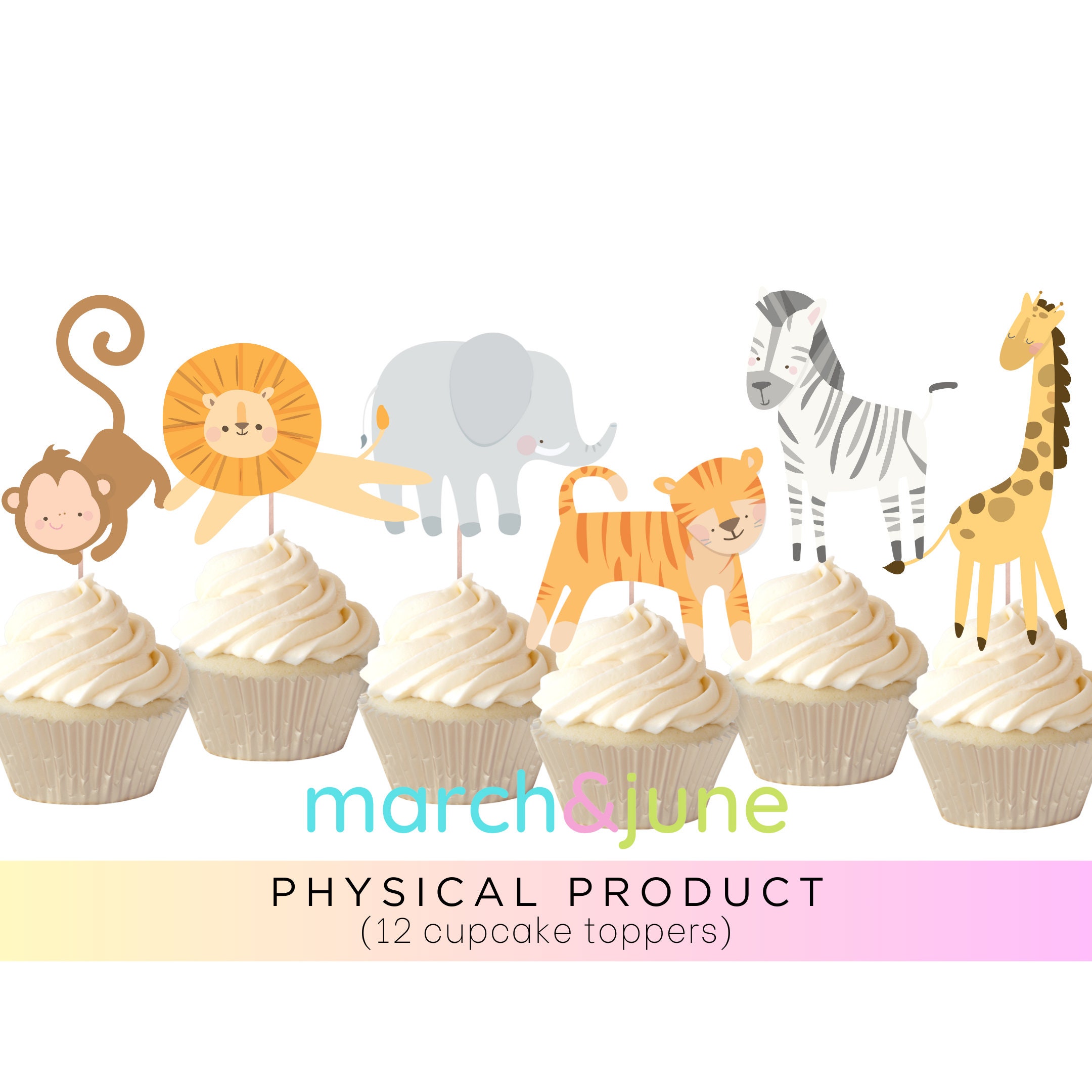 Safari Cupcake Toppers, Set of 12, Birthday, Baby Shower Lion Tiger Monkey Elephant Giraffe Zebra Zoo Jungle Animal Party Theme