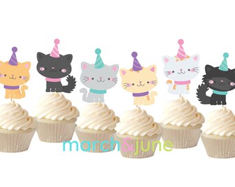 Descarga digital Gatos Cupcake Toppers, Tema de fiesta de cumpleaños de gatito, Fiesta de pieles, Cumpleaños de pata, Decoración de fiesta de miau