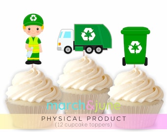 Garbage Truck Cupcake Toppers, Set of 12, Birthday Party Theme for Boys Trash Recycle Recyclable