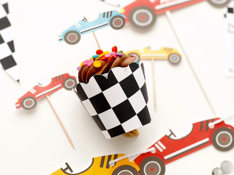Cupcake Wrappers Set of 12 Vintage Race Car Two Fast Birthday Party Theme Decor