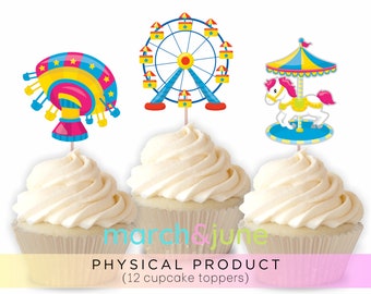 Amusement Park Cupcake Toppers, Set of 12, Birthday Party Theme, Merry Go Round, Ferris Wheel, Theme Park, Carousel, Fun Fair, Carnival