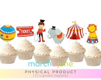 May include: A set of 12 circus-themed cupcake toppers. The toppers feature a red and white striped tent, a red and yellow ball, a ticket, a clown, an elephant, and a lion.