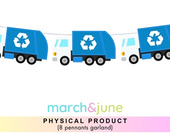 May include: A garland of eight blue and white recycling trucks with a recycle symbol on the side. The garland is perfect for a birthday party or classroom decoration.  march&june PHYSICAL PRODUCT (8 pennants garland)