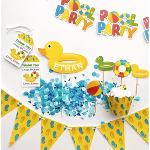 Party Decor Set for Summer, Pool, Beach, Splash Birthday Theme - Cake Topper, Cupcake Toppers and Wrappers, Garland, Banner, Thank you tags