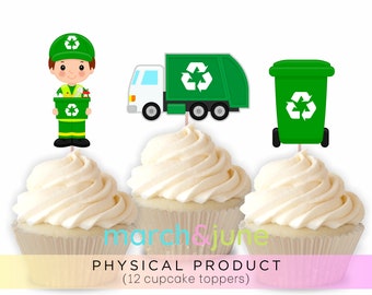 Garbage Truck Cupcake Toppers, Set of 12, Birthday Party Theme for Boys Trash Recycle Recyclable