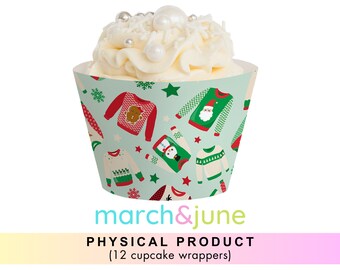Ugly Sweater Christmas Cupcake Wrappers, Set de 12, Fiesta de Navidad, Decoración navideña, Navidad divertida, Tema navideño