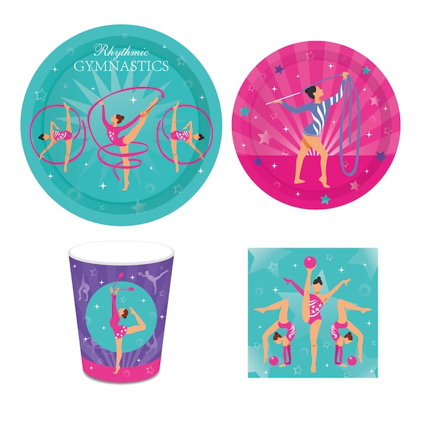 Gymnastics Party Supply Set, Gymnast Dinner Dessertteller, Pappbecher, Servietten