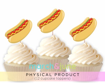 Hotdog Cupcake Toppers, Set of 12, BBQ Party, Food Theme Celebration, Barbeque Party Decor Supplies Grill