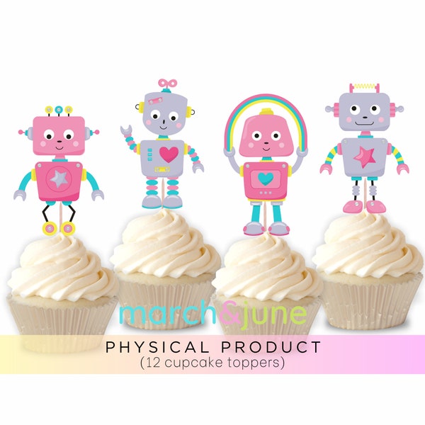 Pink Girl Robot Cupcake Toppers, Set of 12, Birthday Party Theme, Pastel, Robotics, Sci-Fi