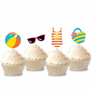 Summer Cupcake Toppers, Set of 12, Beach Theme Birthday Party
